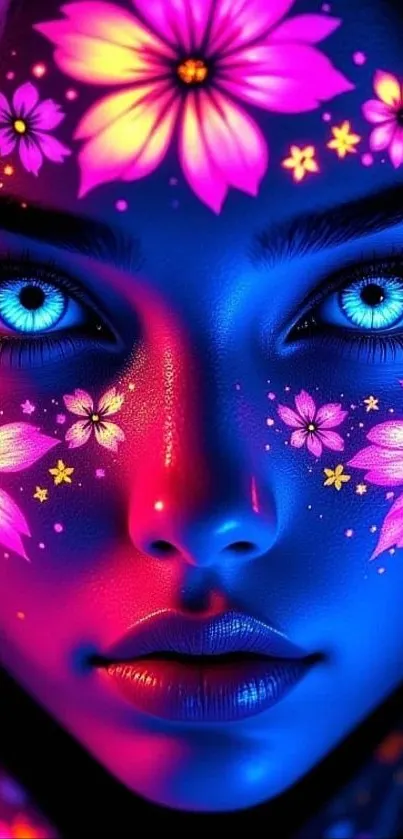 A colorful face with vibrant flowers and neon hues creating a stunning visual art piece.