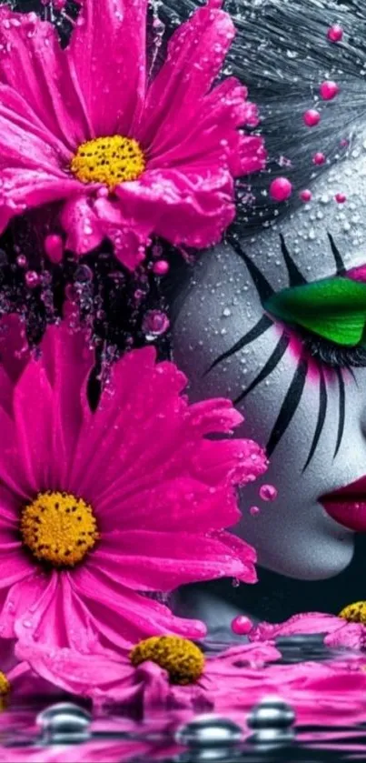 Vibrant face art with pink flowers and water droplets.