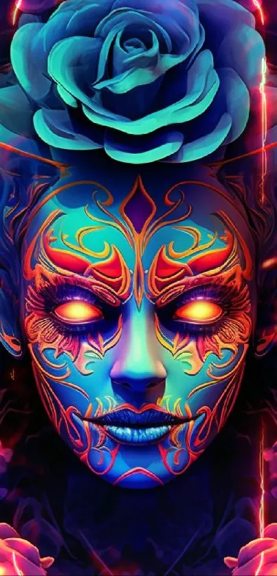 Surreal face with vibrant floral elements on dark blue background.