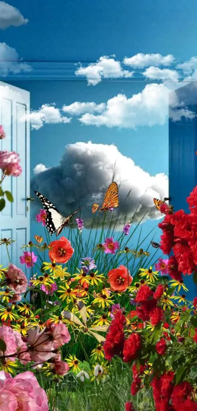 Floral mobile wallpaper with butterflies and blue sky.