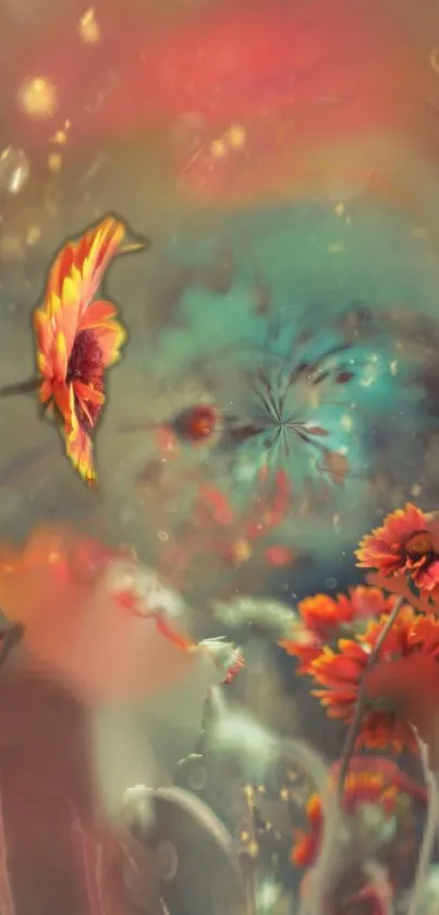 Abstract floral fantasy with vibrant teal and orange hues.