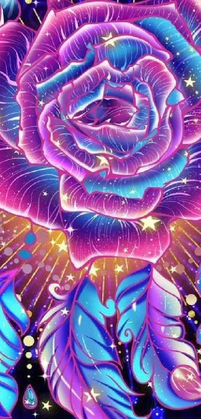 Vibrant neon rose and feathers wallpaper, fantasy art.