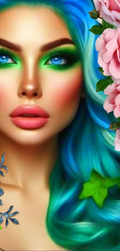 Colorful artwork featuring a woman with blue hair and pink roses.