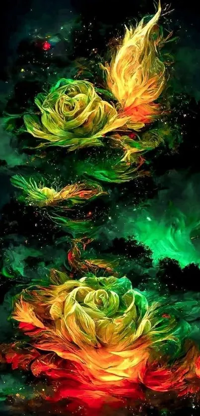 Vibrant green and orange floral fantasy art wallpaper.