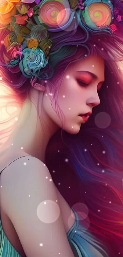 Surreal fantasy portrait of woman with colorful flowers and vibrant violet hues.