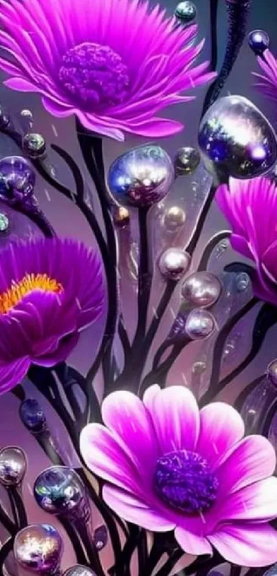 Purple floral fantasy wallpaper with magical elements.