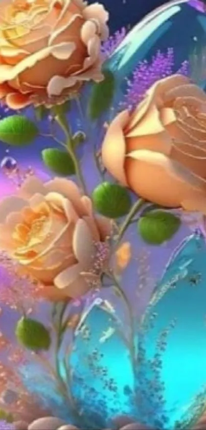 Enchanting fantasy floral wallpaper with vibrant colors and roses.