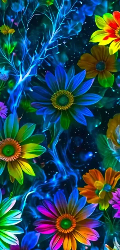 Colorful neon flowers against a cosmic night sky