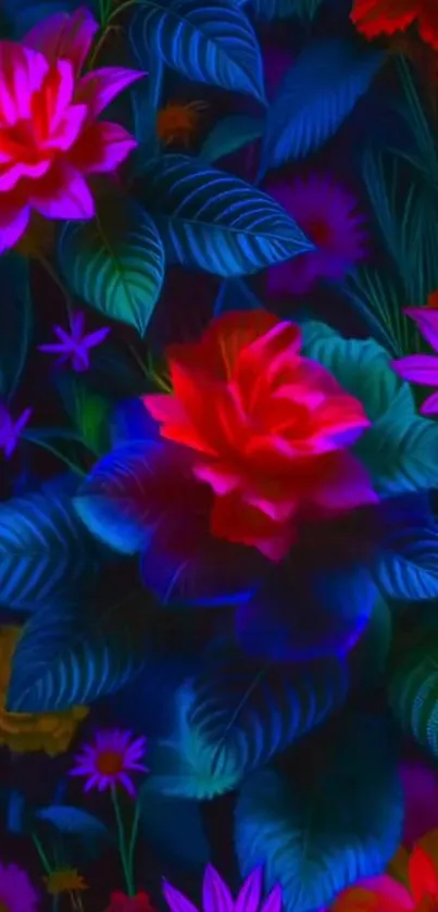 Vibrant floral wallpaper with colorful blooms and leaves.