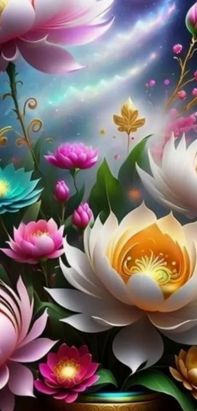 Vibrant floral fantasy art with diverse colored lotus flowers.