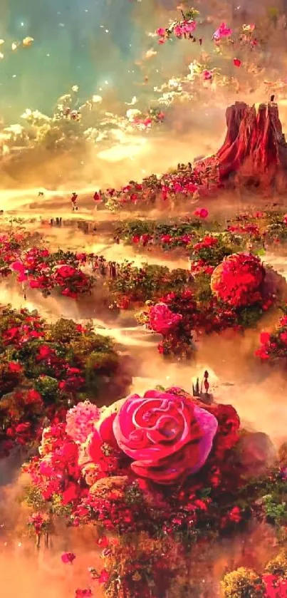 Vibrant pink floral fantasy landscape with colorful roses.