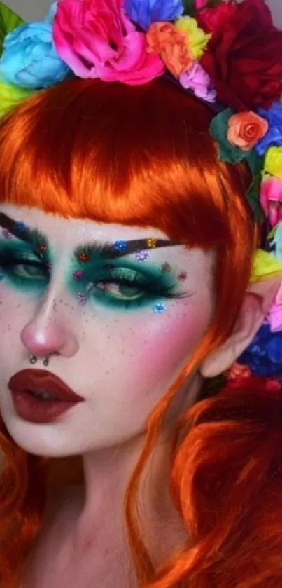 A vibrant portrait with orange hair and colorful floral headdress.