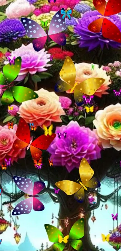 Colorful fantasy tree with vibrant flowers.