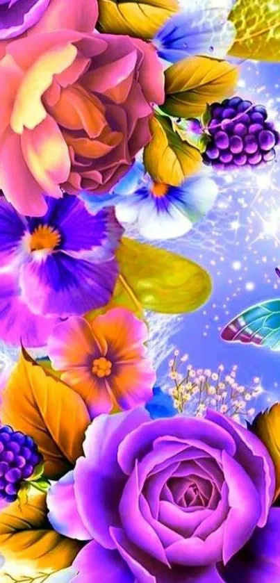 Vibrant floral wallpaper with butterflies and bright purple hues.