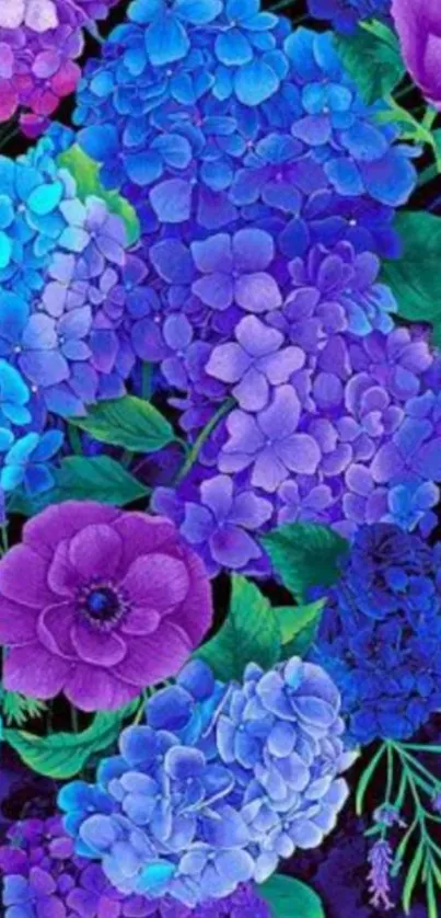 Vibrant purple and blue floral wallpaper