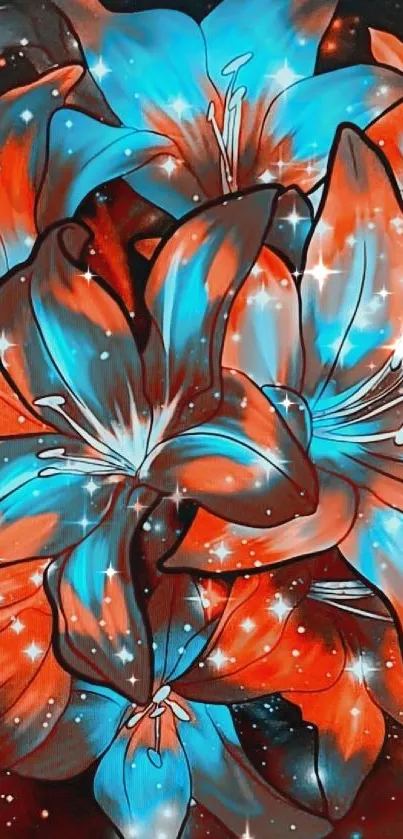 Vibrant blue and orange flowers on a dark background wallpaper.