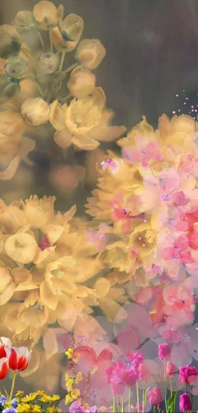 Colorful floral wallpaper with yellow and pink blooms.