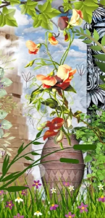 Vibrant floral wallpaper with a surreal garden design.