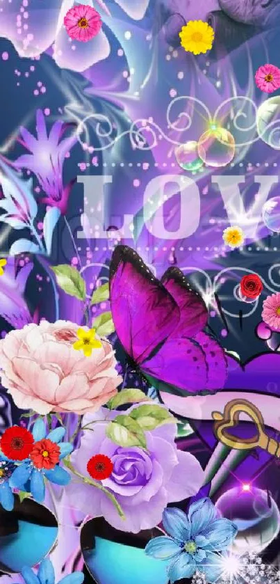 Vibrant floral fantasy wallpaper with butterflies and purple theme.