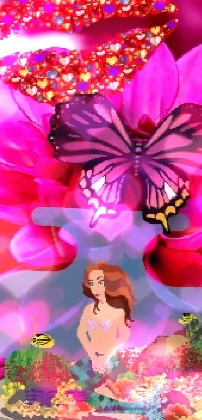 Vibrant wallpaper with flower, butterfly, and mermaid in pink hues.