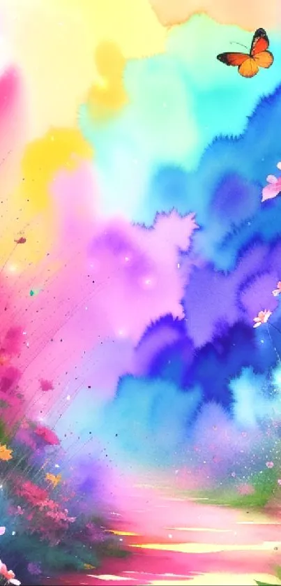 Vibrant watercolor floral design with butterfly and colorful flowers.