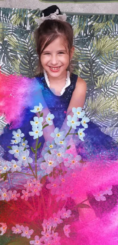 Smiling girl with vibrant floral background on a mobile wallpaper.