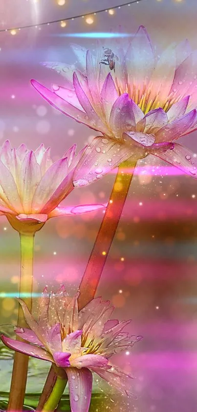 Enchanted lilies with vibrant pink hues and sparkling texture on phone wallpaper.