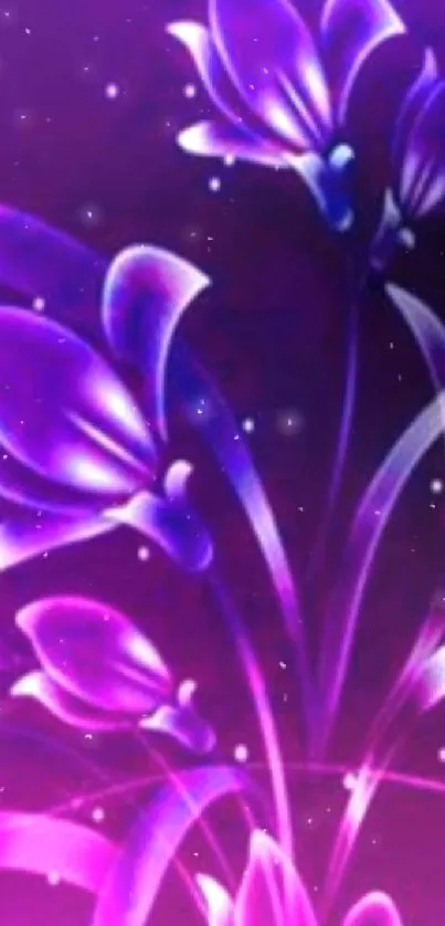 Vibrant wallpaper with glowing purple and pink flowers on a dark background.