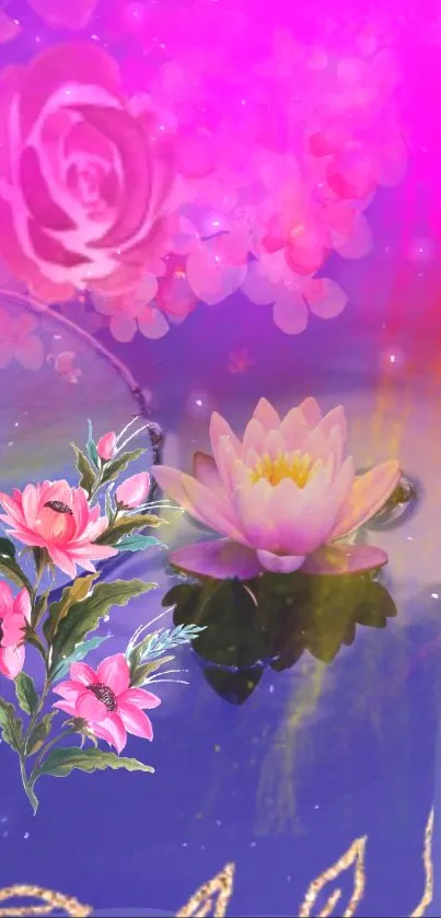 Vibrant pink and purple floral fantasy wallpaper with lotus blossom.