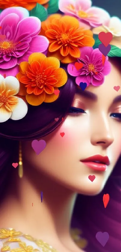 Digital art of a woman with vibrant floral headpiece, perfect for mobile wallpaper.