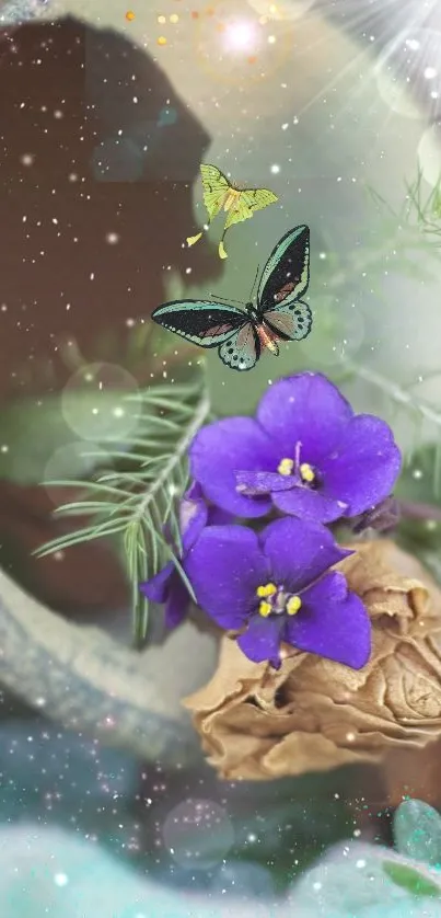 Purple flowers with butterflies and sparkles wallpaper