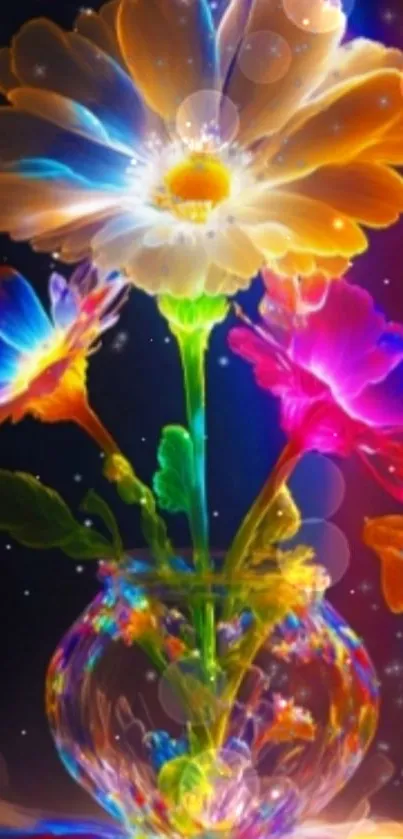 Vivid floral wallpaper with colorful flowers in a vase, set against a magical backdrop.