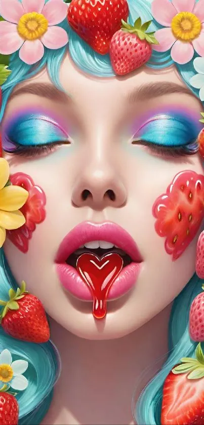 Colorful floral fantasy wallpaper with strawberries and blue elements.