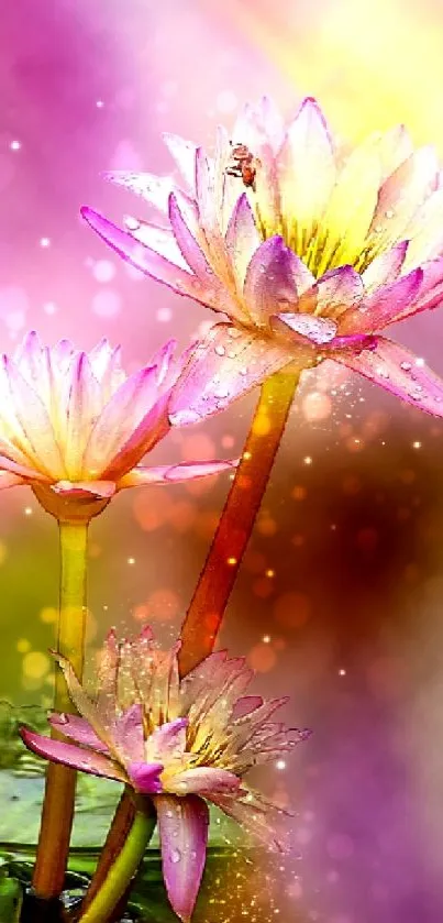 Vibrant pink and yellow lily wallpaper with mystical background.