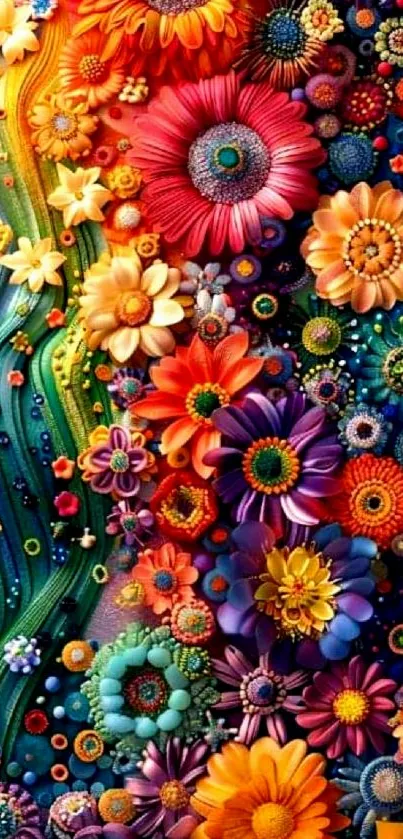 Vibrant abstract floral design mobile wallpaper with multicolored flowers.
