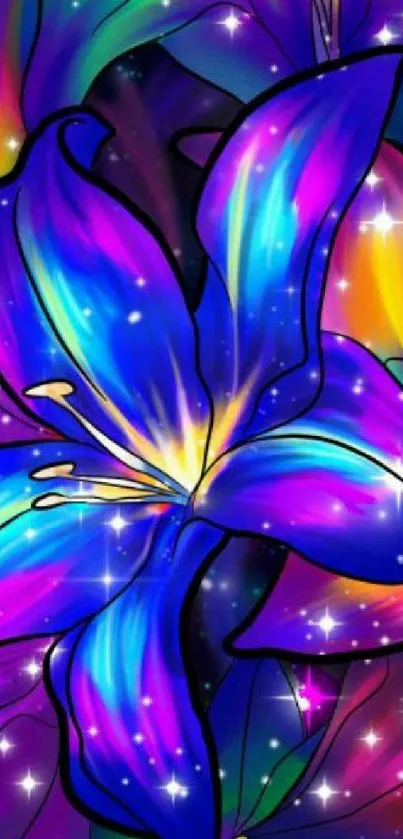 Vibrant blue and purple floral abstract wallpaper with fantasy design.