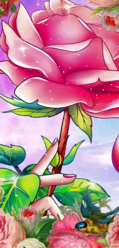 Majestic pink rose in a vibrant fantasy setting with flowers and dreamy sky.