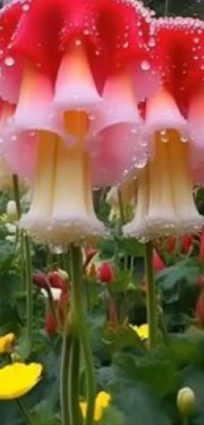 Vibrant red and yellow flowers with dew droplets.