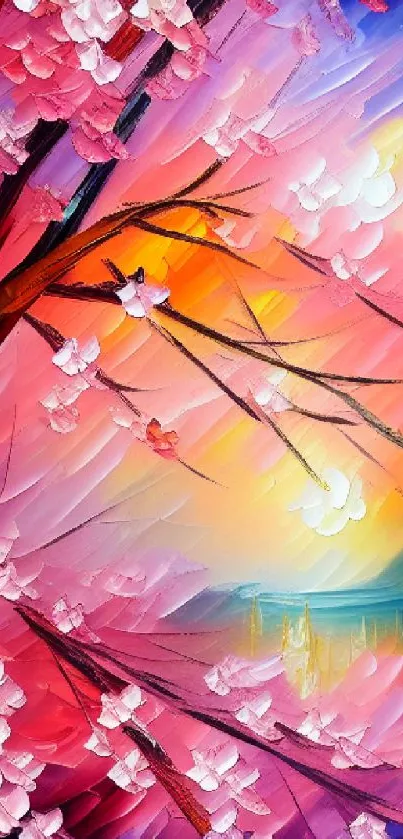 Abstract floral wallpaper with colorful cherry blossoms and vibrant hues.