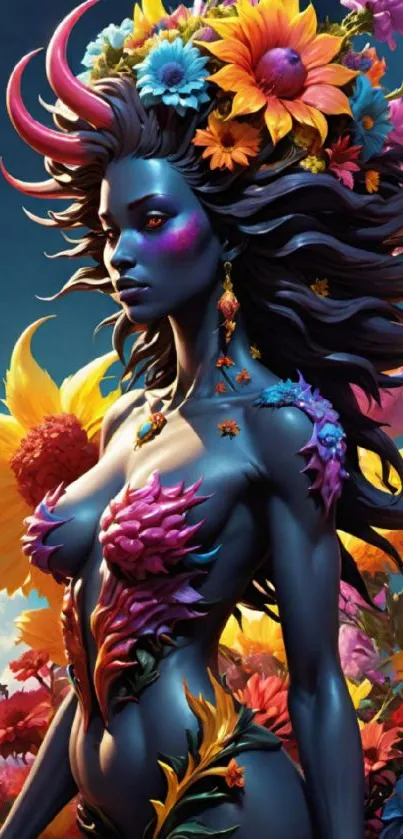 Fantasy figure with vibrant floral headpiece, colorful art