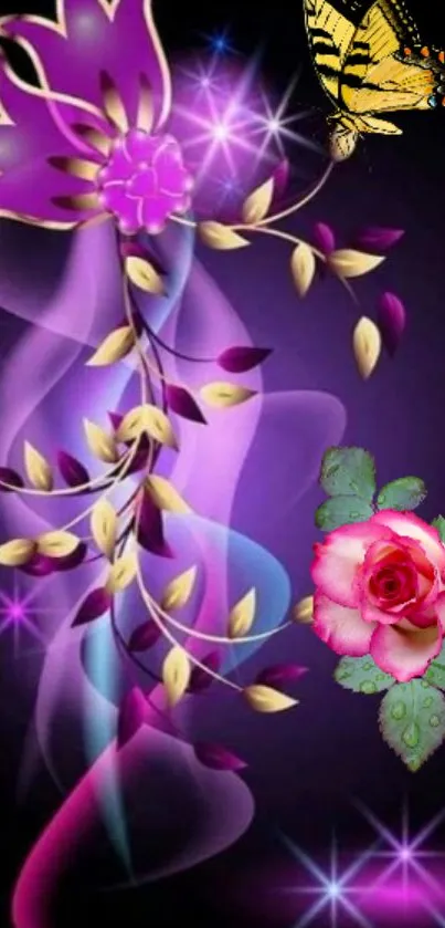 Vibrant purple abstract floral wallpaper with butterfly and rose.