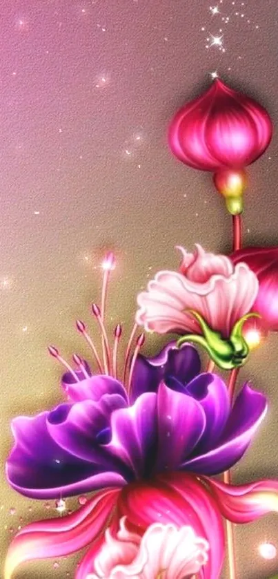 Vibrant pink and purple floral mobile wallpaper with artistic design.