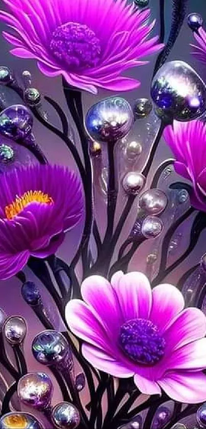 Vibrant purple floral fantasy wallpaper with decorative orbs.