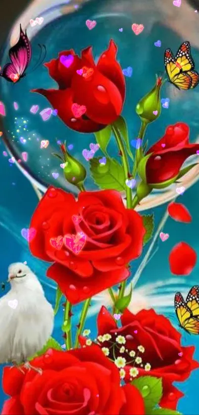 Colorful mobile wallpaper with roses, butterflies, and a dove on a blue background.