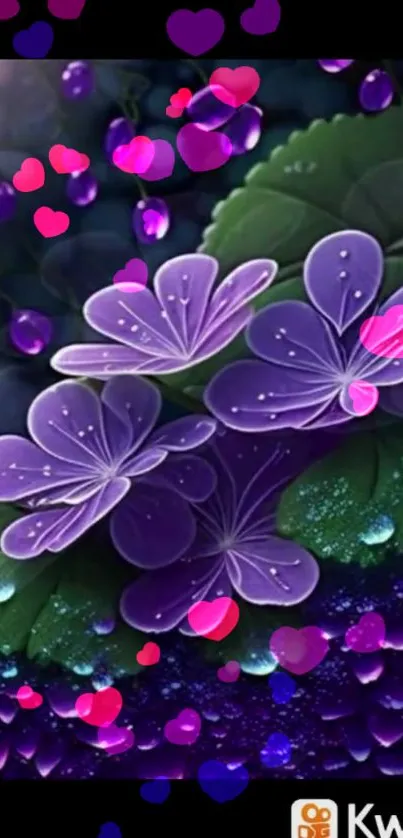 Purple flowers with green leaves and heart overlays on a vibrant background.