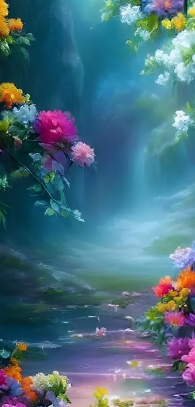 Dreamy floral wallpaper with vibrant blossoms framing a calm waterscape.