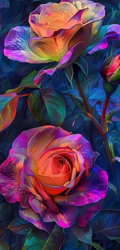 Vivid purple roses with colorful leaves on a dramatic background.