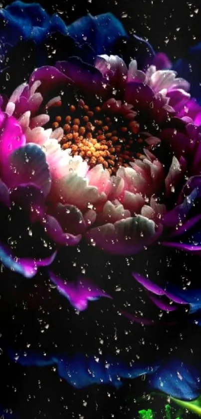 Vibrant purple and blue flower with raindrop effect.