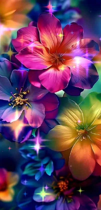 Vibrant fantasy floral wallpaper with colorful blossoms and sparkles.