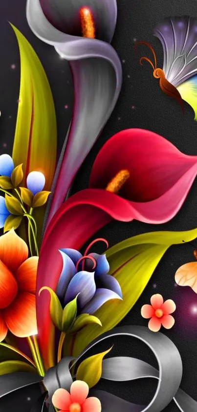 Vibrant floral wallpaper with butterfly and bee.